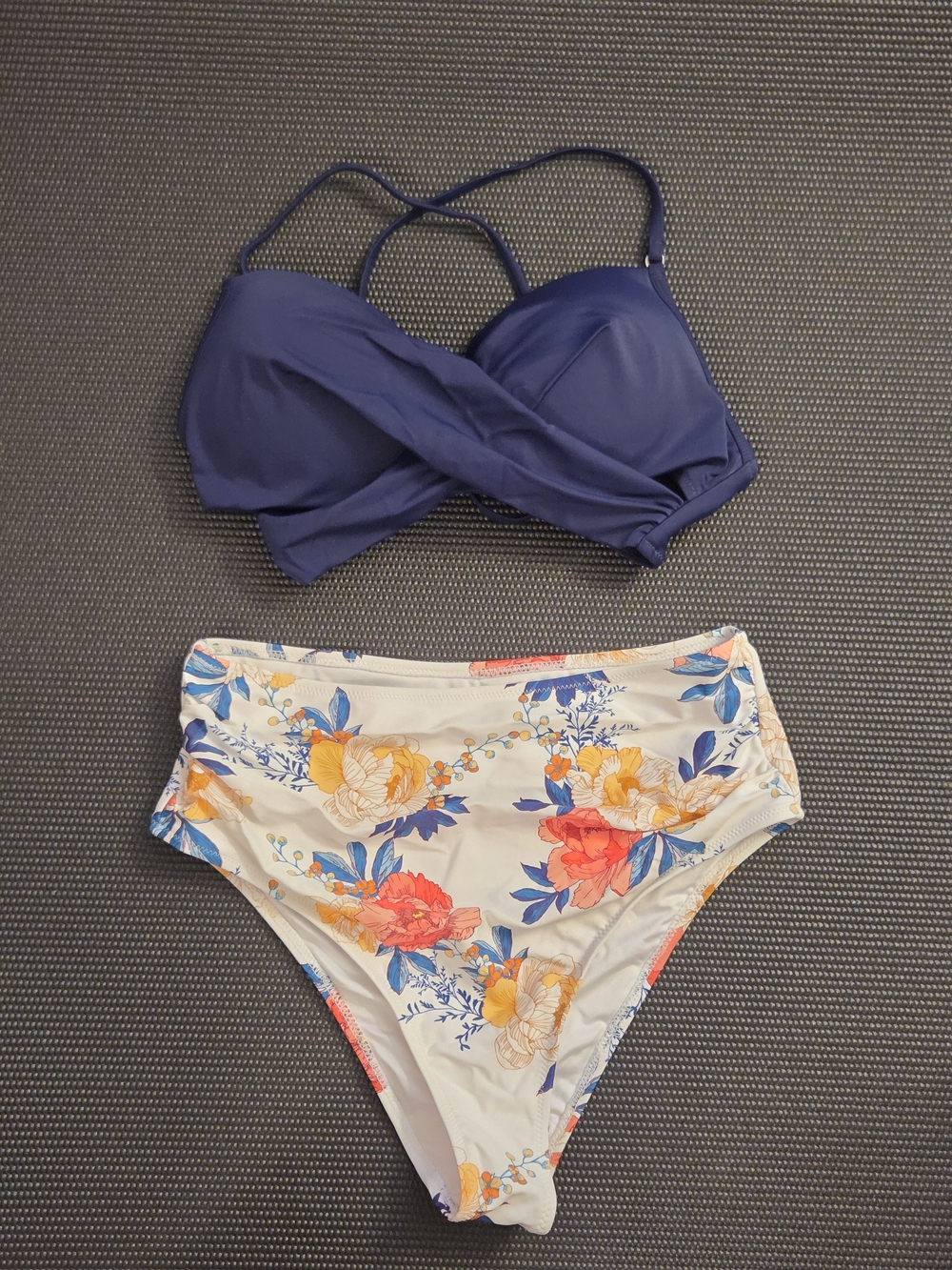 Cupshe Navy Top with White Floral High-Waist Bottom Bikini Set